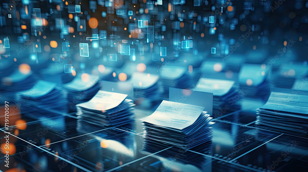 Poster abstract network grid with files and folders, futuristic software interface, digital document manage