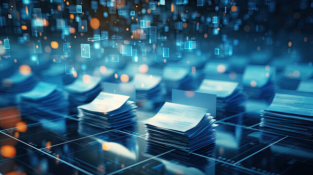 Abstract network grid with files and folders, futuristic software interface, digital document management system, store, search and organize documents, corporate business, paperless office	
