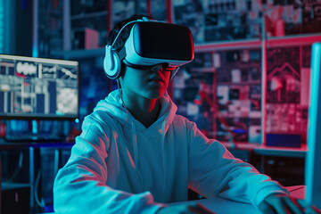 Fototapeta na wymiar Boy with a blank pullover with VR headset