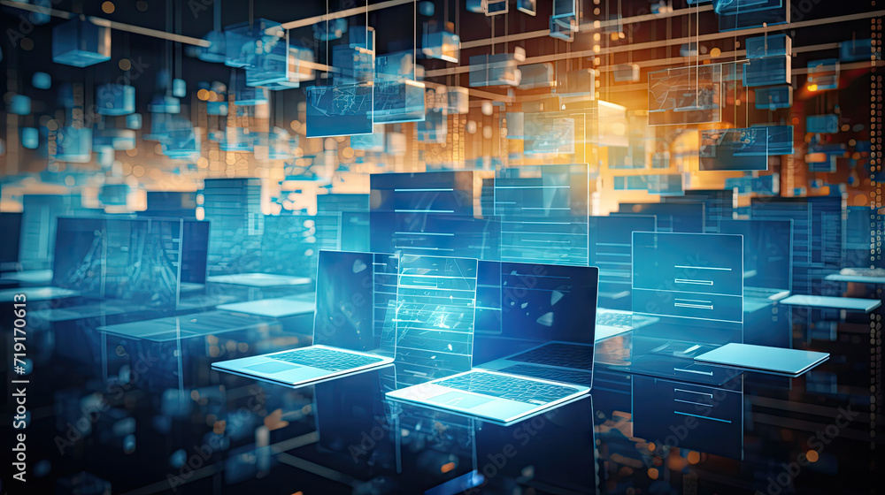 Poster abstract network grid with files and folders, futuristic software interface, digital document manage