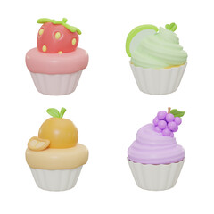 set cupcake with fruits orange, strawberry, green apple, grape. illustration 3d rendering
