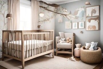 A rustic nursery with a wooden crib, soft pastel textiles, and whimsical animal wall art, creating a peaceful and charming environment for the little ones.