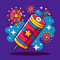 Chinese holiday red clappers, fireworks and lanterns. Cartoon vector isolated illustration.