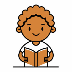 A dark-skinned, curly-haired boy holds a book and reads. Vector cartoon portrait.