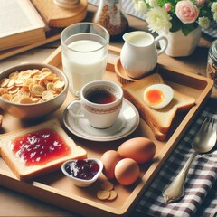 Fototapeta na wymiar Breakfast with coffee , milk, egg and sandwich