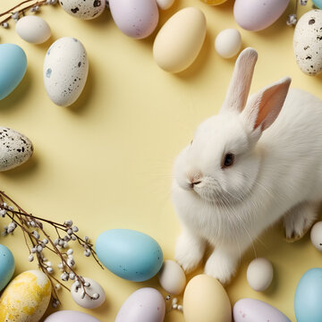 Easter festival social media background design with copy-space for text. Cute white rabbit is crouching at the right side of the picture with pastel easter eggs on plain yellow background.