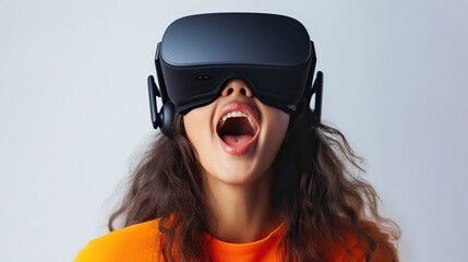 Joyful woman in glasses of virtual reality emotionally react on metaverse