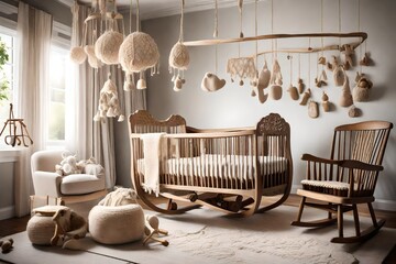 A rustic nursery with a wooden crib carved with intricate details, a hand-knit mobile hanging above, and a cozy rocking chair for tender moments, creating a whimsical. - obrazy, fototapety, plakaty
