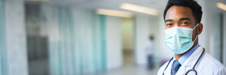 Doctor with stethoscope and mask in hospital. panoramic banner