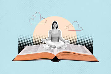Collage creative poster image black white effect peaceful relax young woman sit gigantic open book meditation pose exclusive sketch