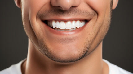 Fototapeta premium genuine smile of a person with impeccable dental health, focusing on their healthy white teeth against a clean background. Generative AI.