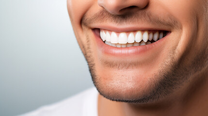 Fototapeta premium genuine smile of a person with impeccable dental health, focusing on their healthy white teeth against a clean background. Generative AI.