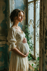 Naklejka premium Beautiful Pregnant Woman holds her Belly in Joyful Anticipation Wallpaper Digital Art Magazine Background Poster Card