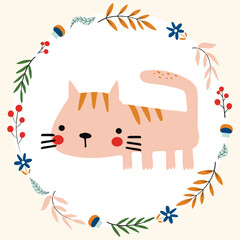autumn  collection with floral wreath and animals. Sheep, cat, frog and snail.  Vector illustration.