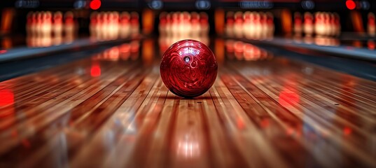 Bowling strike  ball crashing into pins on alley line, sport competition or tournament concept