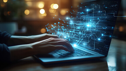 Person is using a laptop with a futuristic blue cyber network graphic overlay