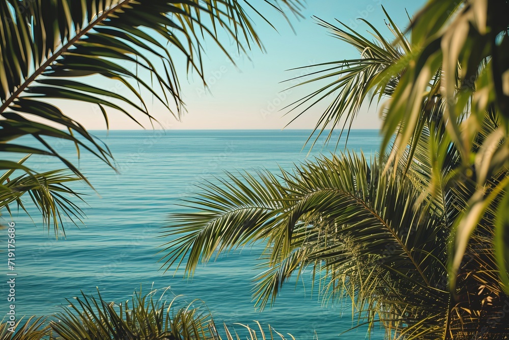 Sticker Tropical seascape with palm leaves framing the serene blue ocean under a clear sky.