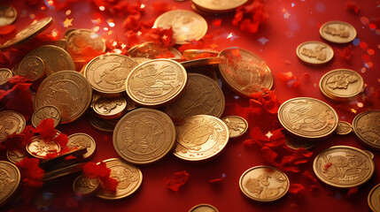 a close-up of red and gold Chinese New Year decorations, such as lanterns, scrolls, and coins. Generative AI.