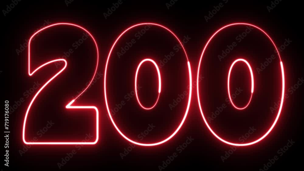 Poster 200 text font with light. luminous and shimmering haze inside the letters of the text 200. 200 neon 