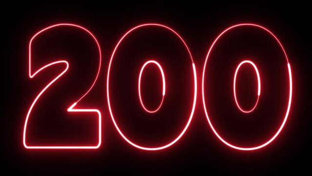 200 text font with light. Luminous and shimmering haze inside the letters of the text 200. 200 neon sign. Two hundred neon sign.