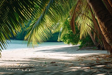 Tropical beach view through palm leaves, serene and sunny with white sand and clear water.