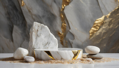 A luxurious marble podium with golden accents, surrounded by rocks and golden glitter sand Ideal...