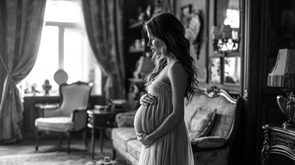 Fototapeta na wymiar Beautiful Pregnant Woman holds her Belly in Joyful Anticipation Wallpaper Digital Art Magazine Background Poster Card