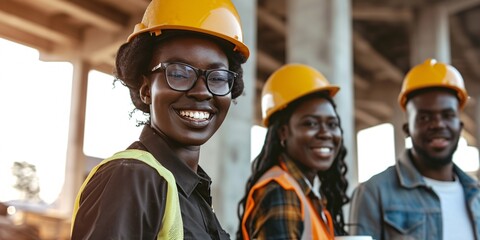 A group of African engineers smiling while collaborating on a construction project with coffee and tea, posing with a low angle shot. - obrazy, fototapety, plakaty