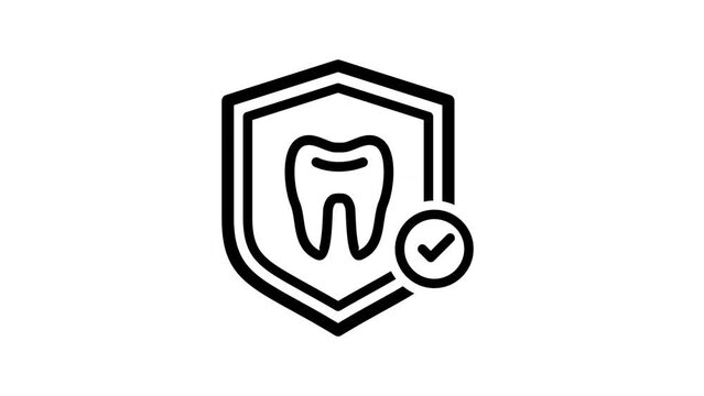 Dental Protection Line Icon, Stomatology on white and green background. Tooth on shield logo. 4K Video motion graphic animation.