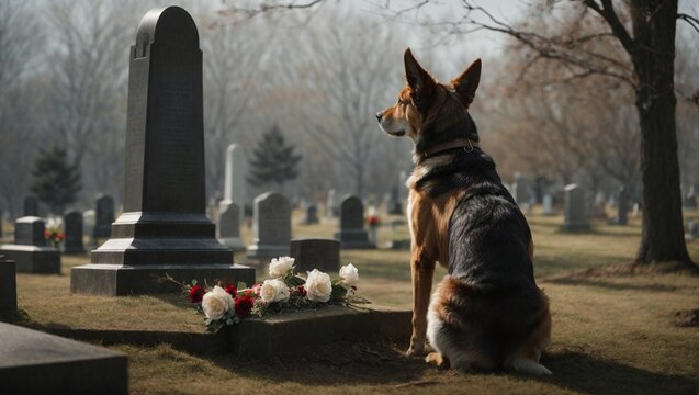 A dog stands by his master's grave and mourns for him