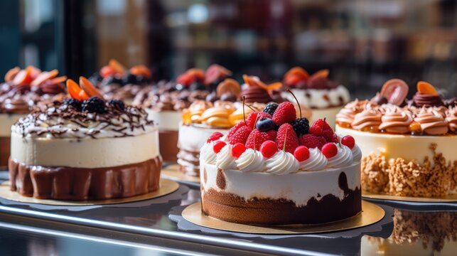 Delicious cakes with cream on display in a bakery close-up