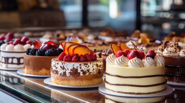 Delicious cakes with cream on display in a bakery close-up