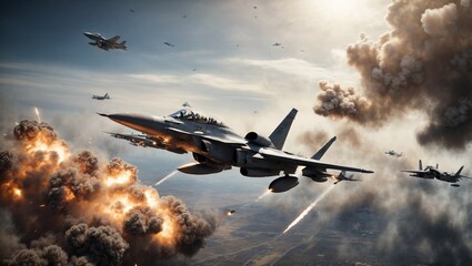 Modern air combat. Fighter planes of the latest generation, rockets, explosions, smoke
