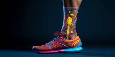 Futuristic athletic shoe showcasing transparent anatomy design on a runner's foot. vibrant colors, modern style. sportswear innovation concept. AI - obrazy, fototapety, plakaty