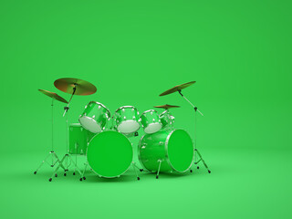 A cool, large green drum kit stands in a green room. 3D Render.