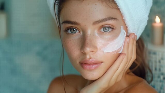 Beautiful freckled woman apply face cream. Facial anti age wrinkle spa procedure. Skin care product. Beauty cosmetic. Pretty girl relax after bath. Smear moisturizing mask. Natural eco spf sun creme.
