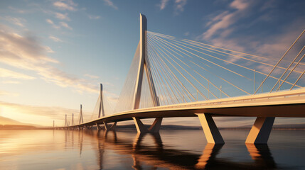 Obraz premium Support element of high cable-stayed bridge with steel pylons. Backlight. Clear blue sky.