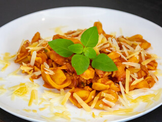Traditional stuffed capeletti pasta with tomato sauce served on a white plate.