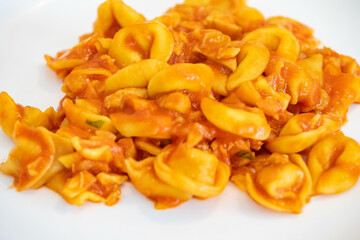 Traditional stuffed capeletti pasta with tomato sauce served on a white plate.