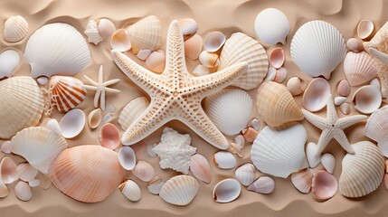 Fototapeta na wymiar Sandy beach with seashells and starfish as natural background for summer travel design
