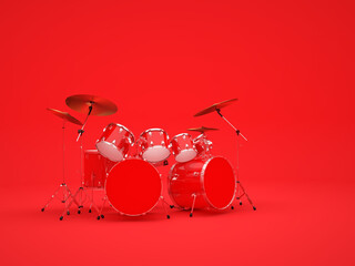 A cool, large red drum kit stands in a red room. 3D Render