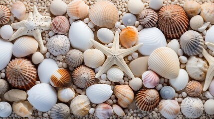 Seashells and starfish on sandy beach, natural textured background for summer travel design