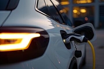 a white car plugged into an electric outlet, in the style of light sky-blue and dark yellow, precisionist lines, recycled, solarization, whirring contrivances, clean-lined.