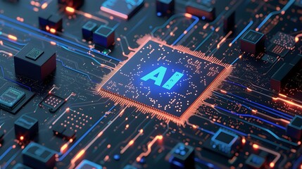 Obraz premium Computer circuit diagram with the inscription AI, artificial intelligence concept