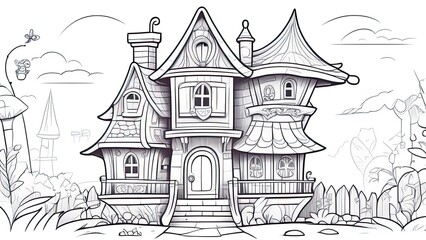 Fairy House Coloring Page, Fairy House Line Art. Fairy House Adult Coloring Page.