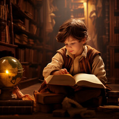 a boy reading a book in library