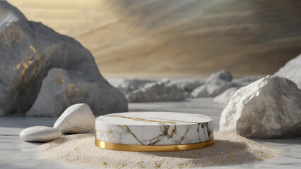 A luxurious marble podium with golden accents, surrounded by rocks, stones, driftwood and golden...
