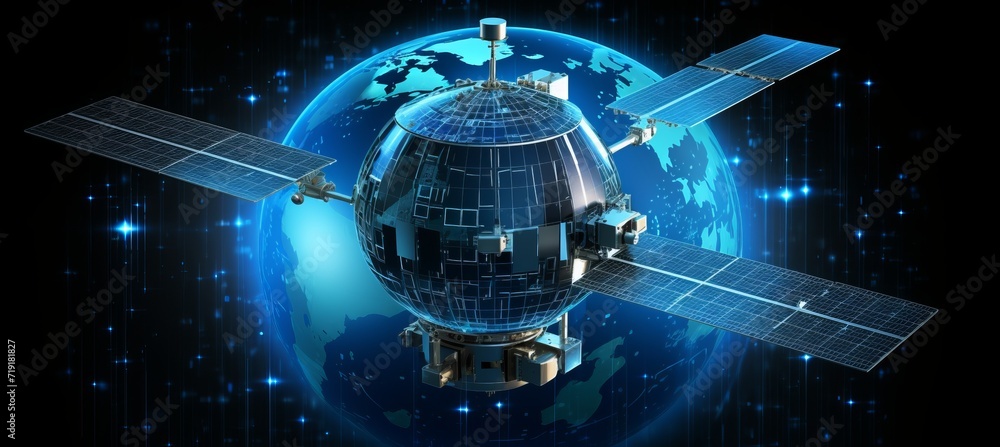 Poster telecom satellite with futuristic data hologram for internet and gps services orbiting earth