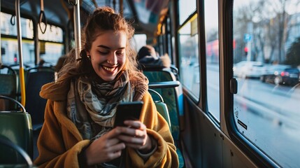 Joyful lady texting on cellphone during bus commute. - obrazy, fototapety, plakaty