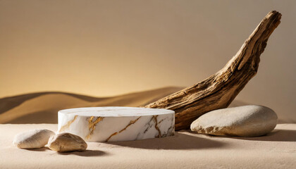 A luxurious marble podium with golden accents, surrounded by rocks, stones, driftwood and golden glitter sand Ideal for elegance, luxury and quality product display